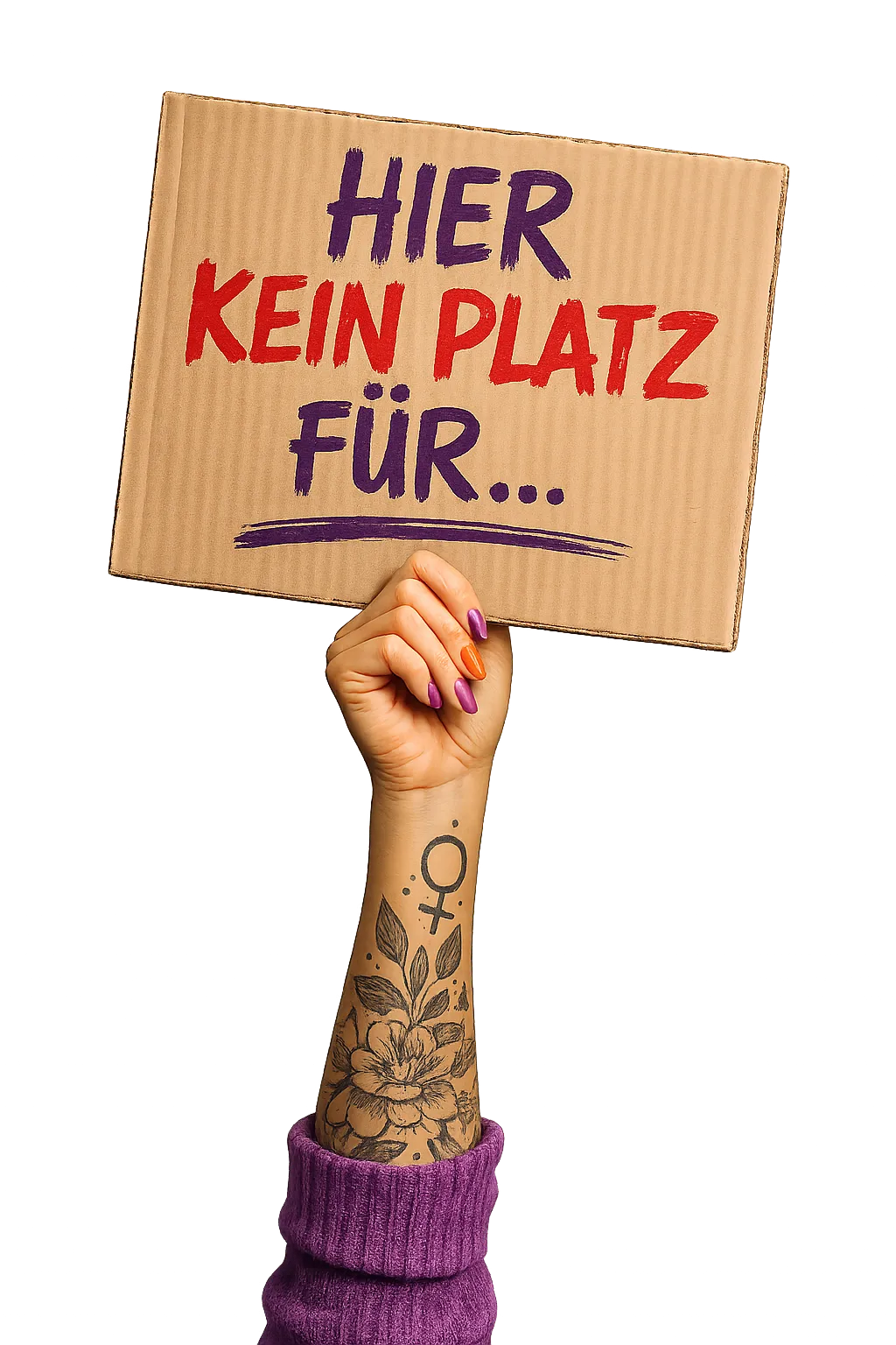 Hand hält Schild mit Aufschrift: Hier kein Platz für...