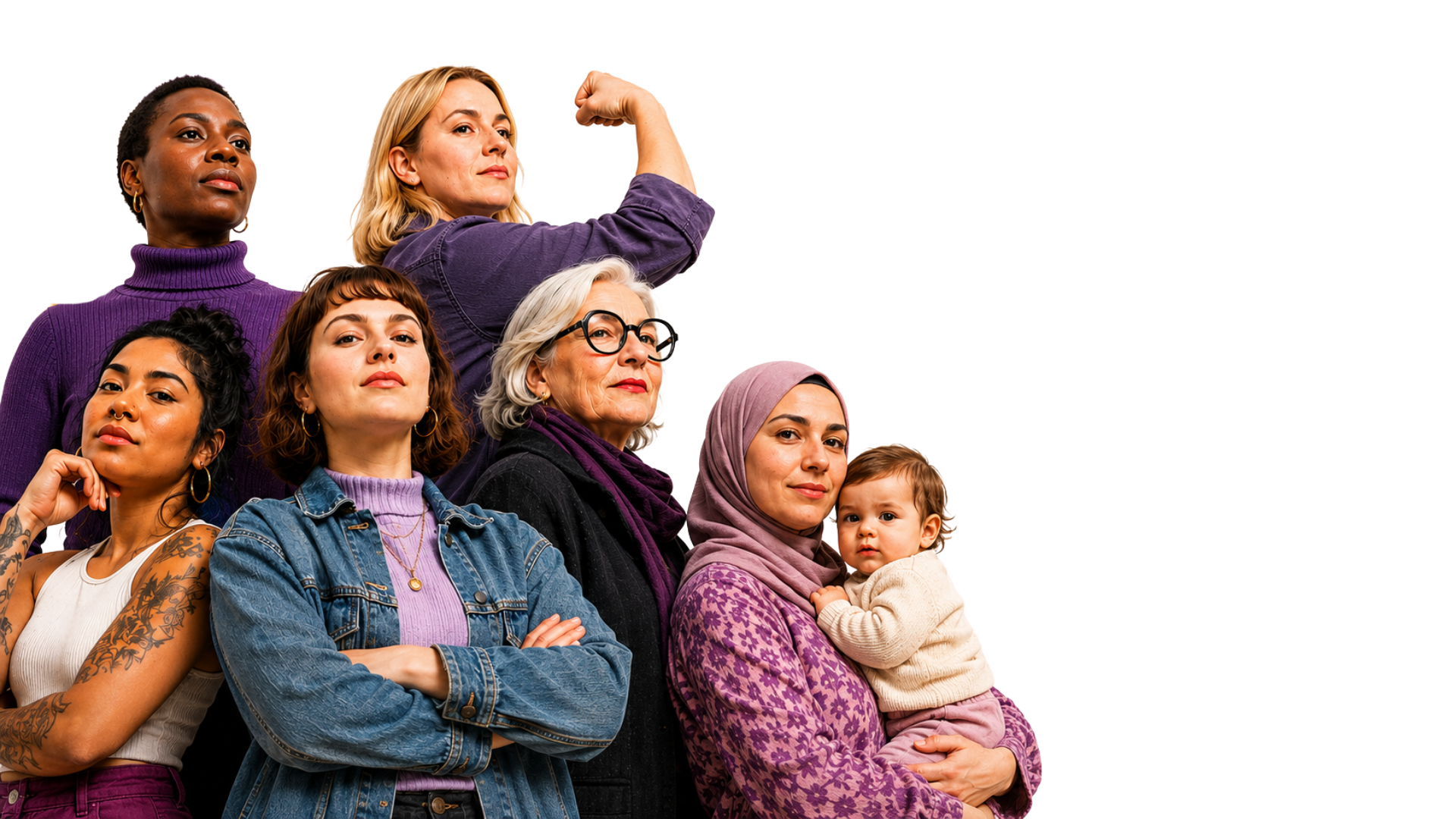 Eine vielfältige Gruppe selbstbewusster Frauen verschiedenen Alters und unterschiedlicher Herkunft steht zusammen, eine hebt kämpferisch die Faust.